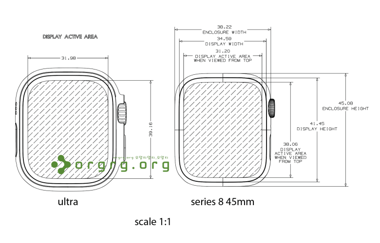 애플워치 울트라와 애플워치 시리즈 8과의 화면 크기 비교